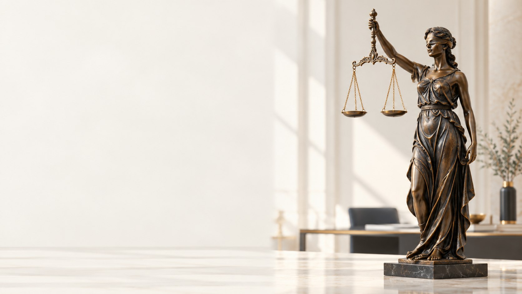 Escultura de la Justicia sobre un fondo marfil